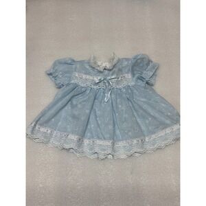 Vintage Cutest One Baby Dress Blue Lace Animal Print Cat Bear Made in USA 6-9M